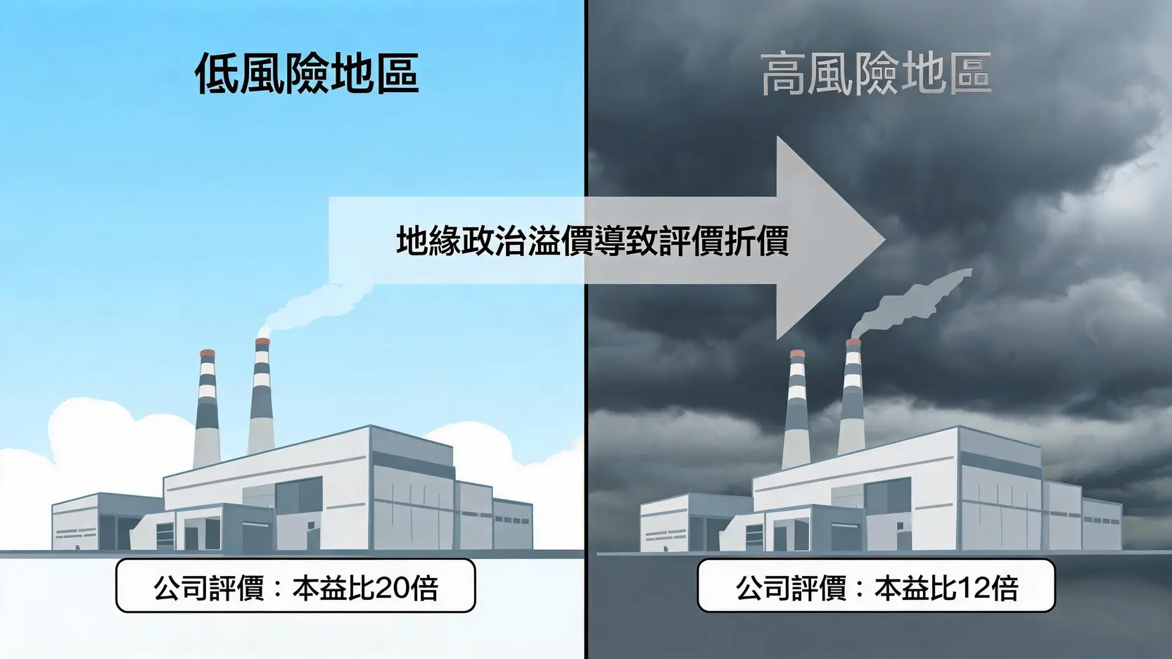 一張對比圖解釋地緣政治溢價，顯示高風險地區的公司相較於低風險地區的同類公司，本益比更低。