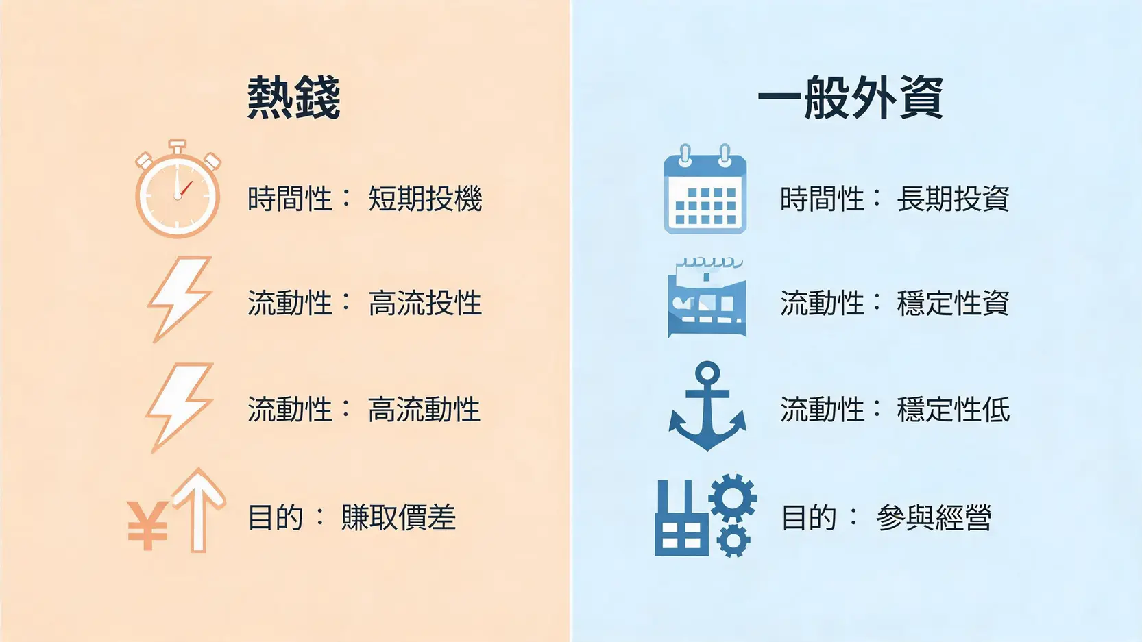 一张图表，对比热钱与一般外资在投资期限、流动性和目的上的核心差异。