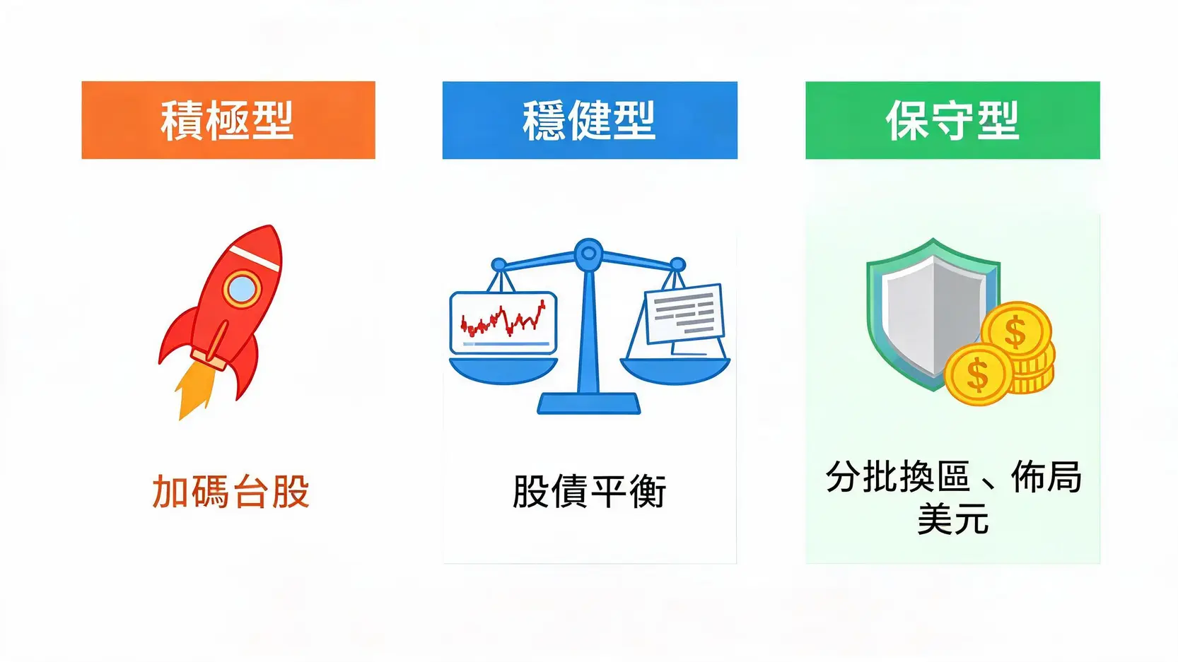 一張對比圖表,展示積極型、穩健型與保守型三種投資策略在台幣升值環境下的核心操作與風險屬性。