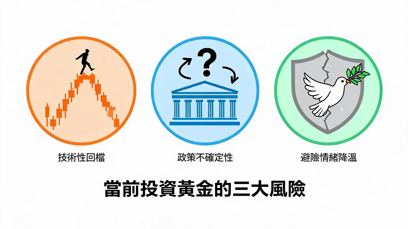 当前投资黄金的三大潜在风险：技术性回档、政策不确定性、避险情绪降温。