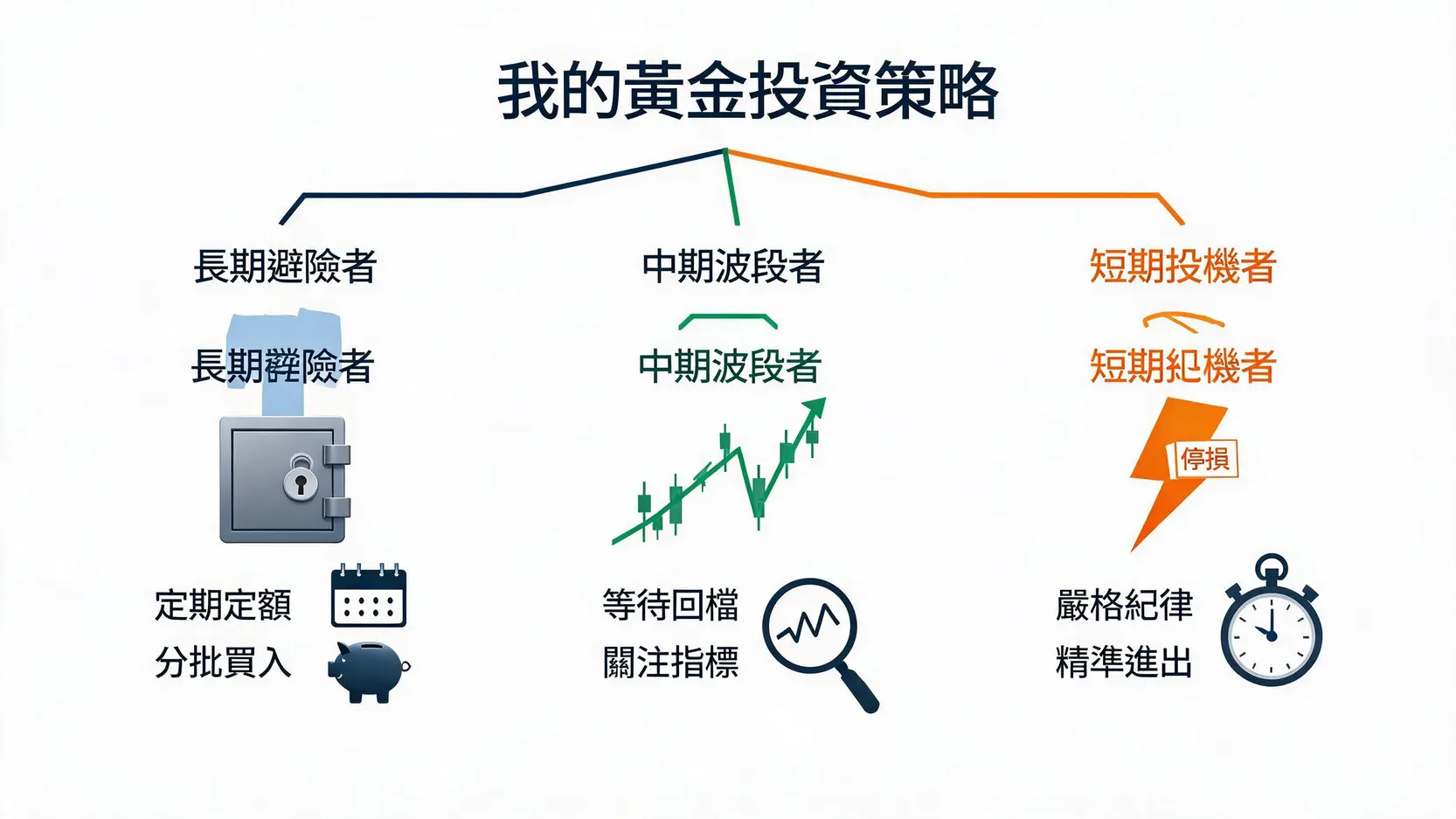 三种黄金投资者类型及其对应的投资策略框架图：长期避险、中期波段、短期投机。