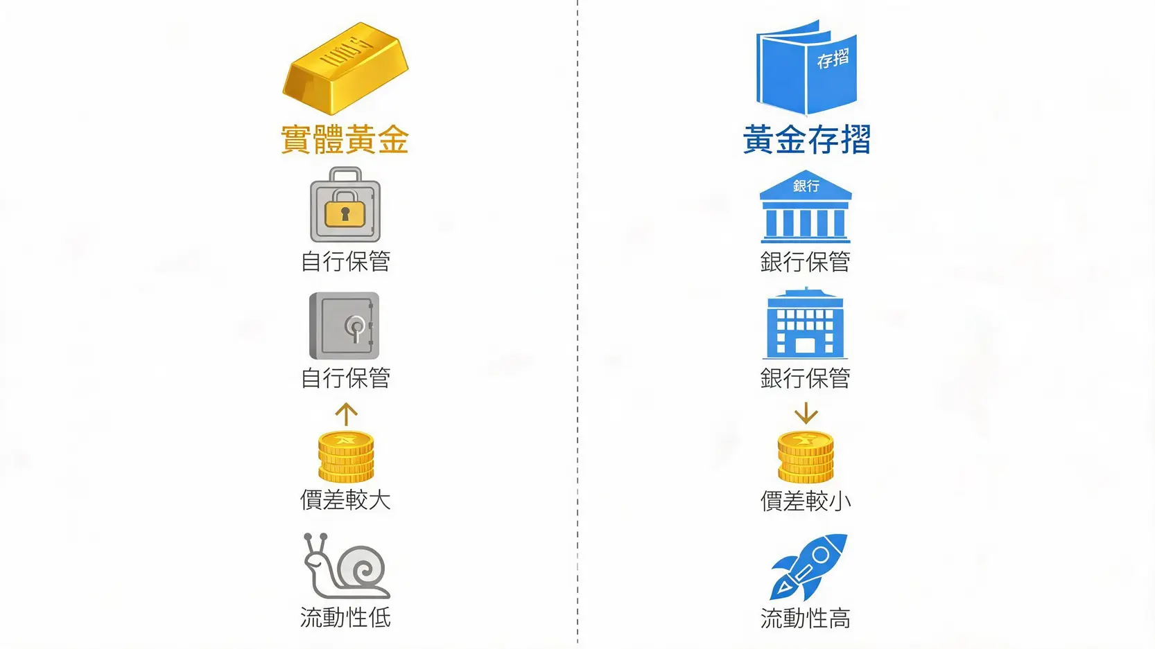 实体黄金与黄金存折的对比图，展示了两者在保管、成本和流动性方面的区别。