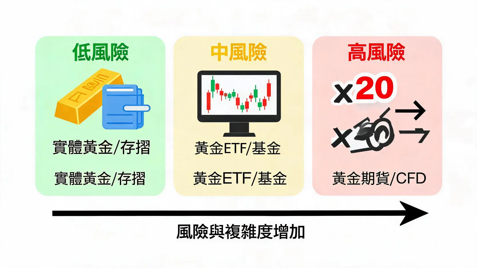五种黄金投资渠道的风险与复杂度光谱图，从左到右依次为实体黄金、黄金存折、黄金ETF、黄金基金和黄金期货/CFD。