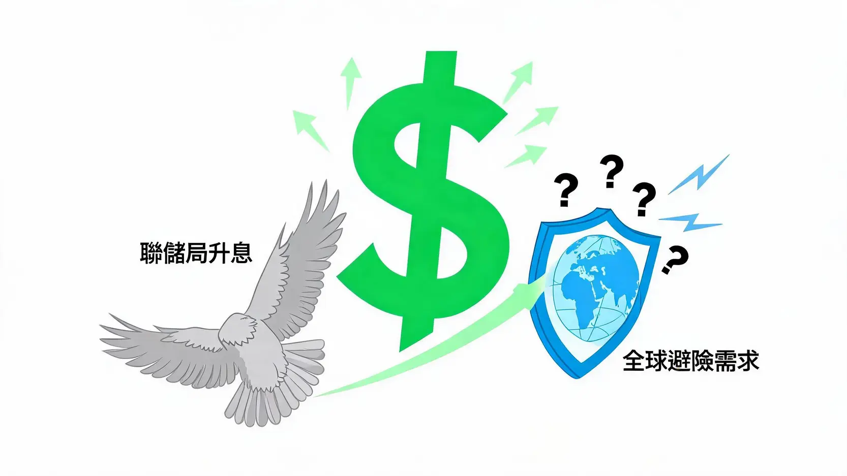美元走强的两大推手图解：美联储升息和全球避险需求共同推高美元价值。