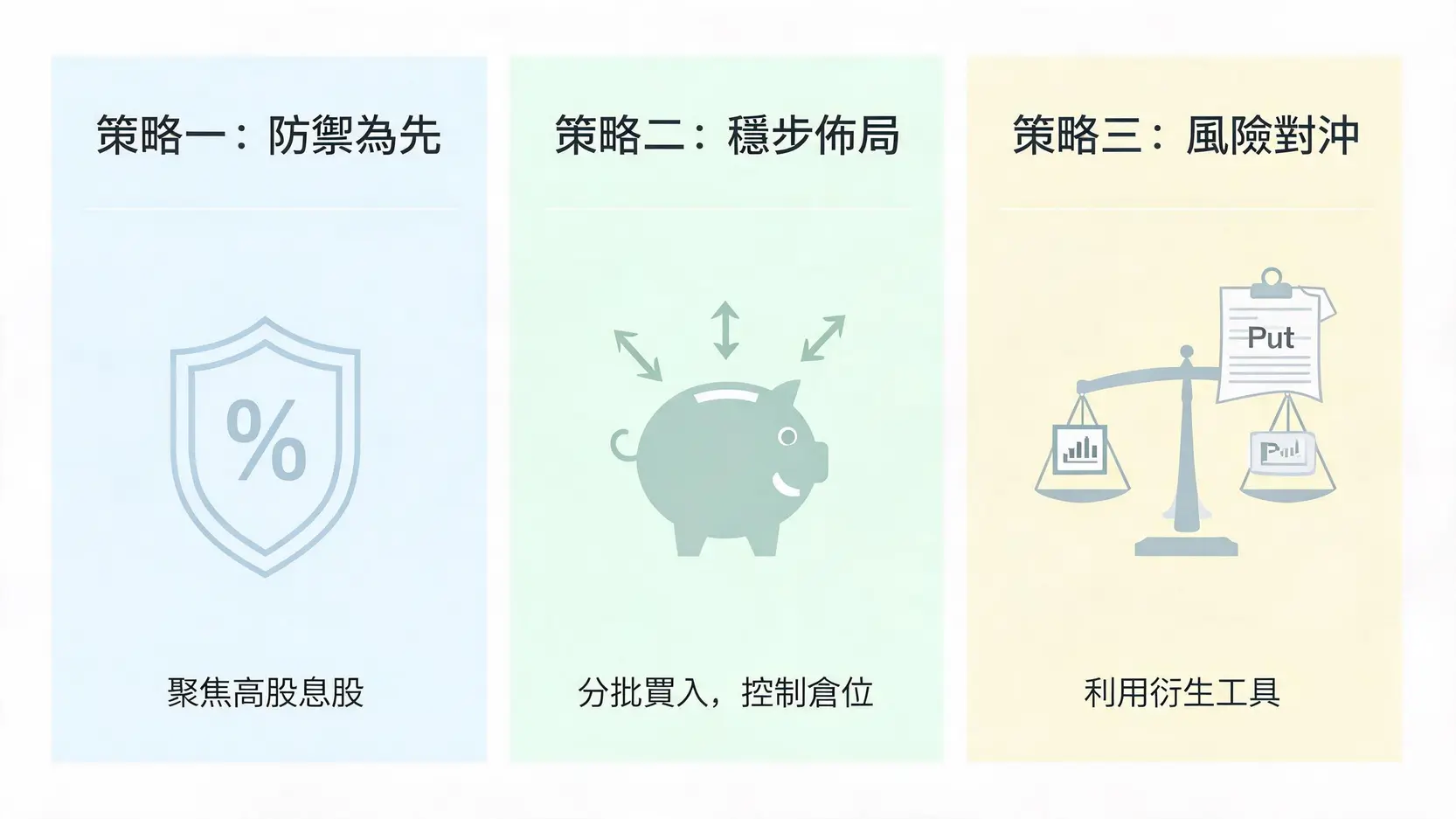 应对港股波动的三种投资策略：聚焦高股息股、分批买入和利用衍生工具对冲。