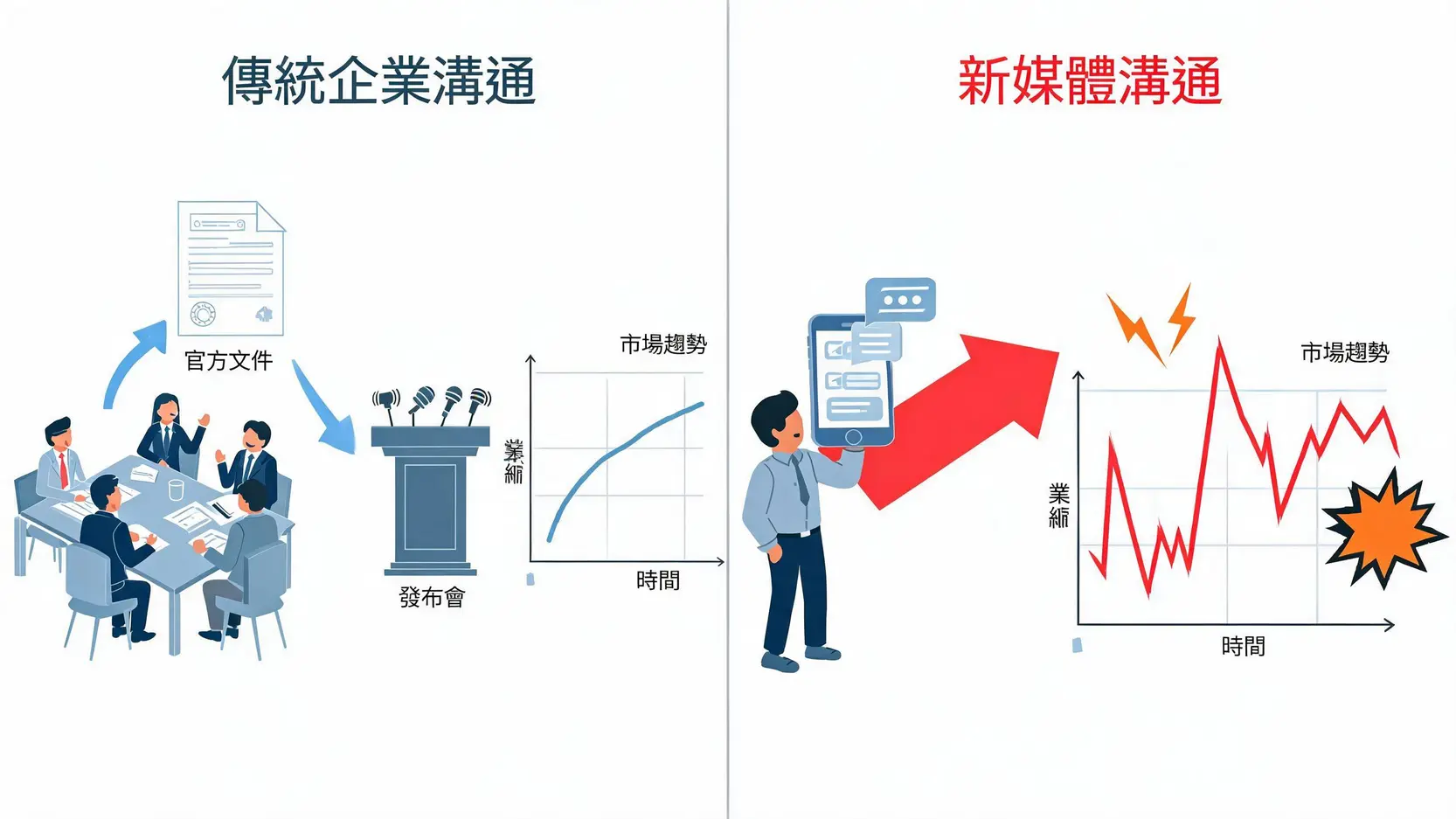 一张对比图，展示了传统政治沟通的稳定有序与特朗普式社交媒体沟通引发市场剧烈波动的直接对比。