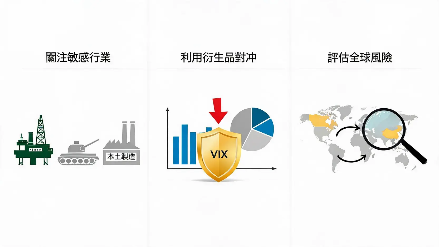 三组图标，分别展示了应对特朗普当选的三种投资策略：关注敏感行业、利用衍生品对冲以及重新评估全球风险。