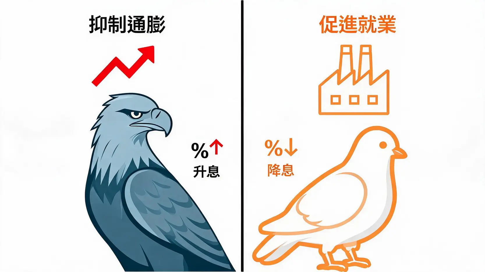 鷹派與鴿派貨幣政策立場對比圖，左邊是代表升息抑制通膨的鷹，右邊是代表降息促進就業的鴿。