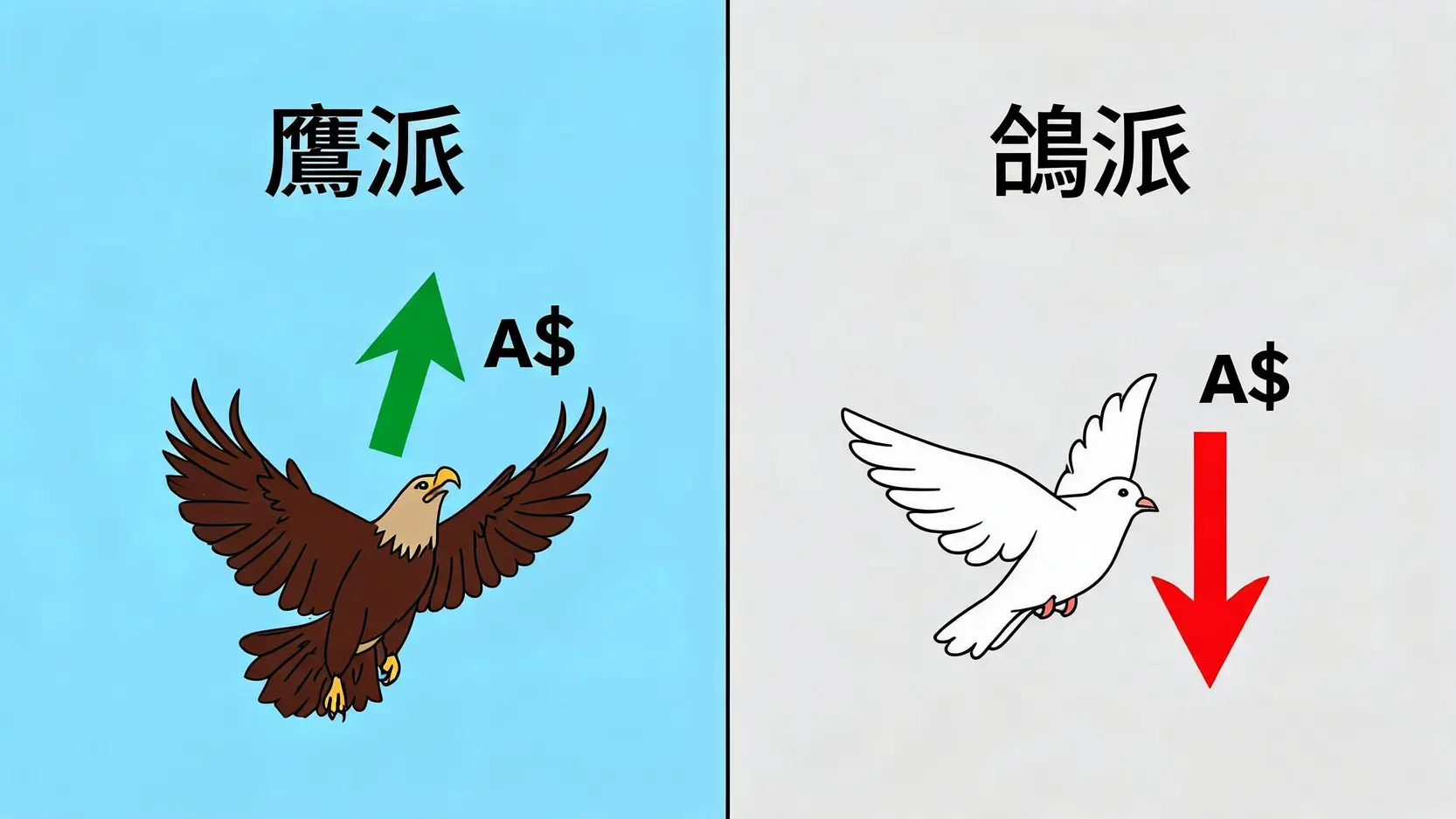 鷹派與鴿派貨幣政策對澳元走勢影響的對比圖,鷹派使澳元上漲,鴿派使澳元下跌。