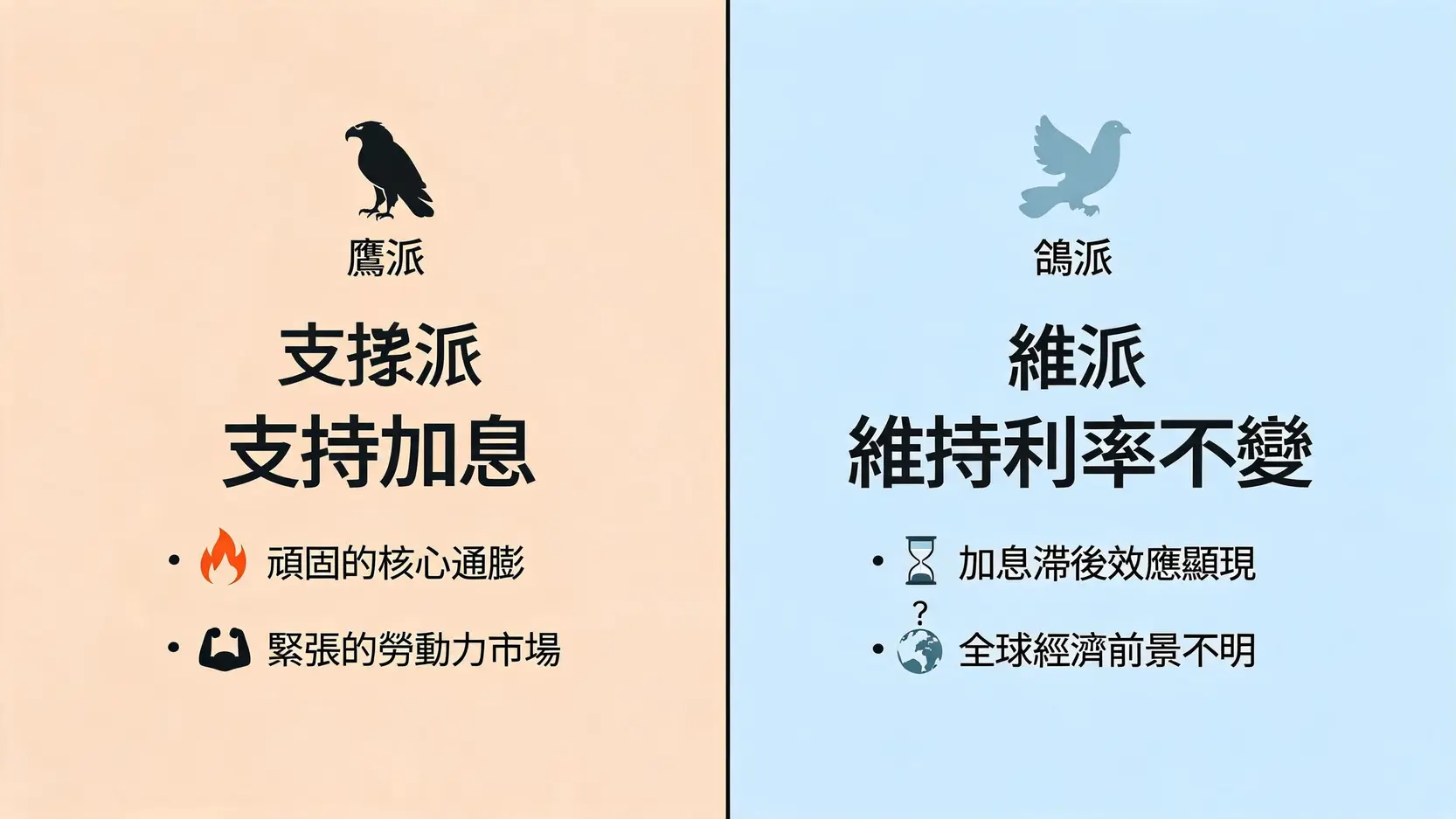 鹰派与鸽派对于澳洲央行8月是否加息的观点对比图。