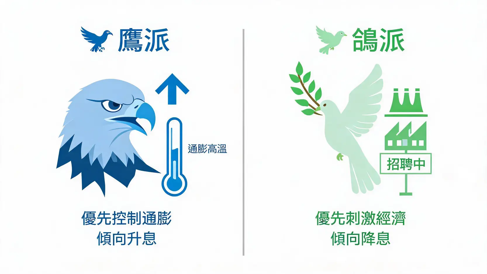 鷹派與鴿派立場對比圖,顯示鷹派關注通膨而鴿派關注經濟增長。