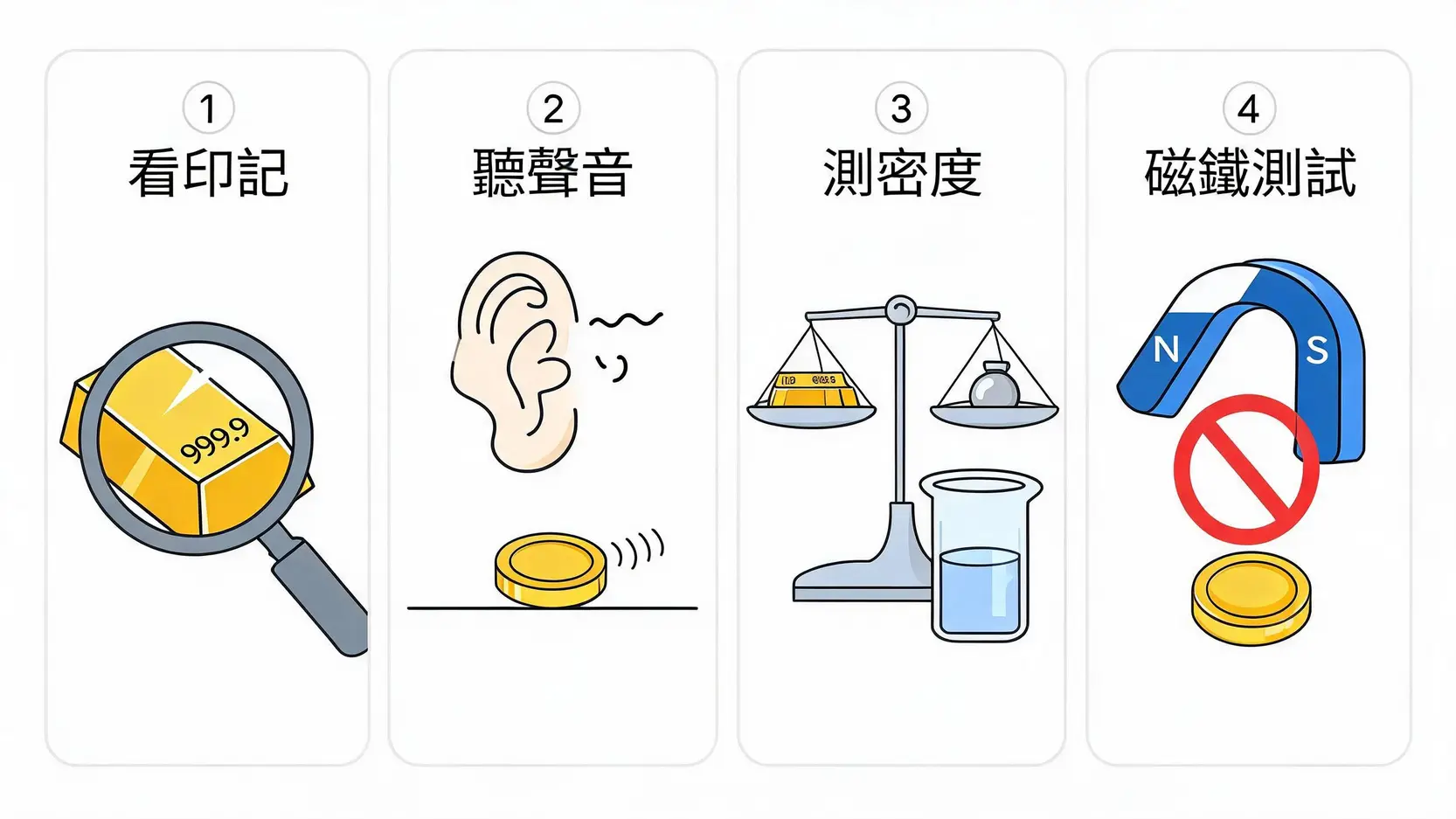 辨别黄金真伪的四个简易步骤:看印记、听声音、测密度和磁铁测试。