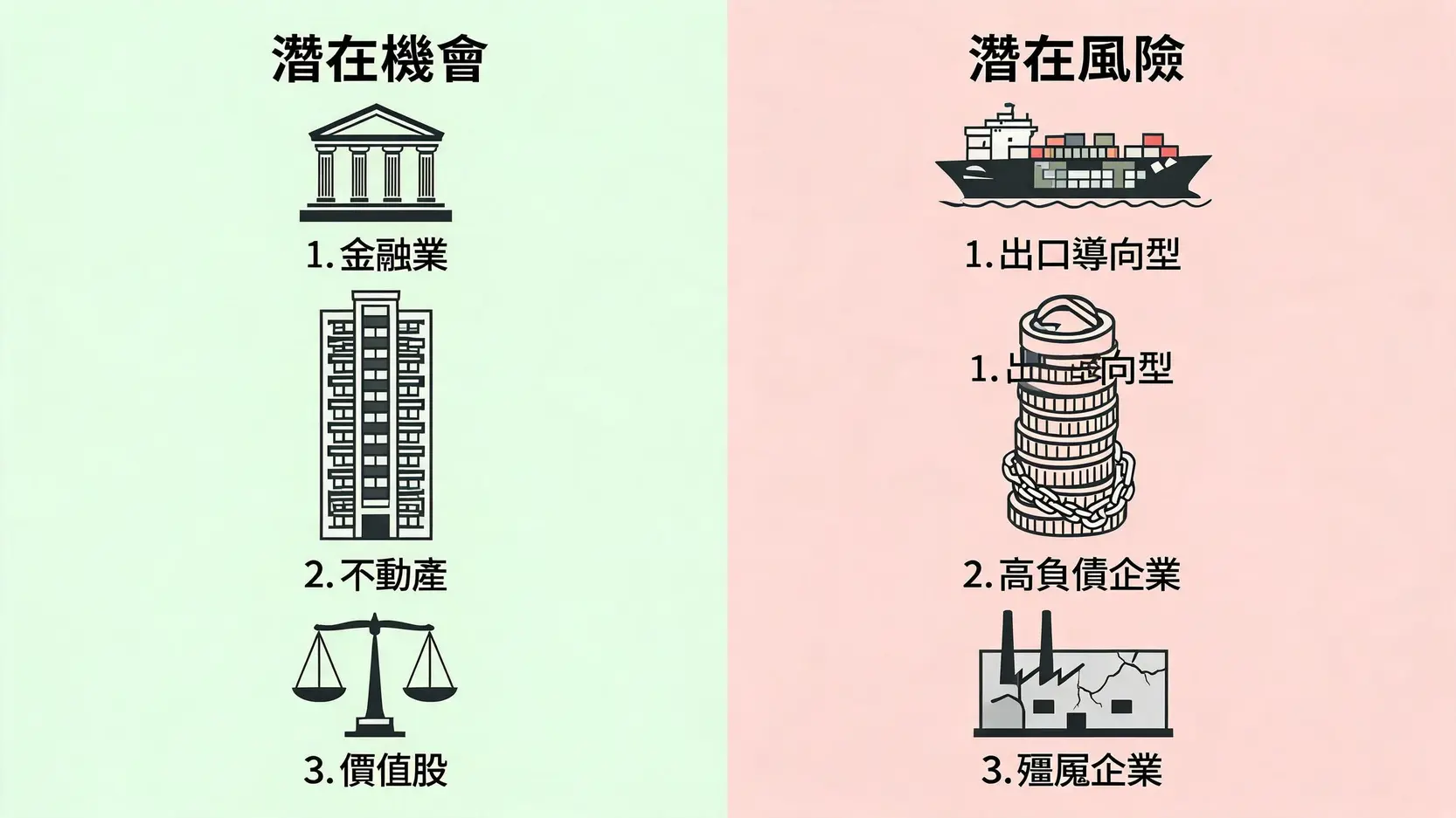 利率上升对日本各产业的机会与风险对比图,金融业受益,出口导向型企业面临风险。