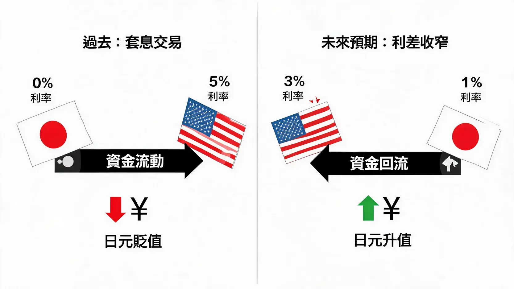 美日利差与日元走势关系图,展示套息交易如何导致日元贬值,以及未来利差收窄预期如何推动日元升值。