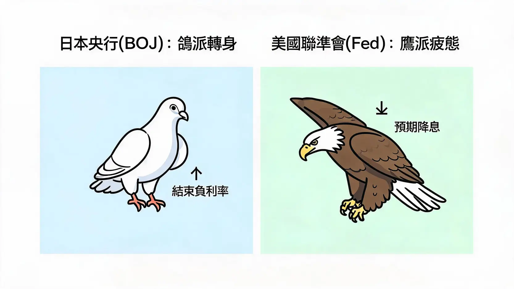 日本央行与美国联准会货币政策方向对比图：日本央行正结束宽松政策，而美国联准会则预期将降息。