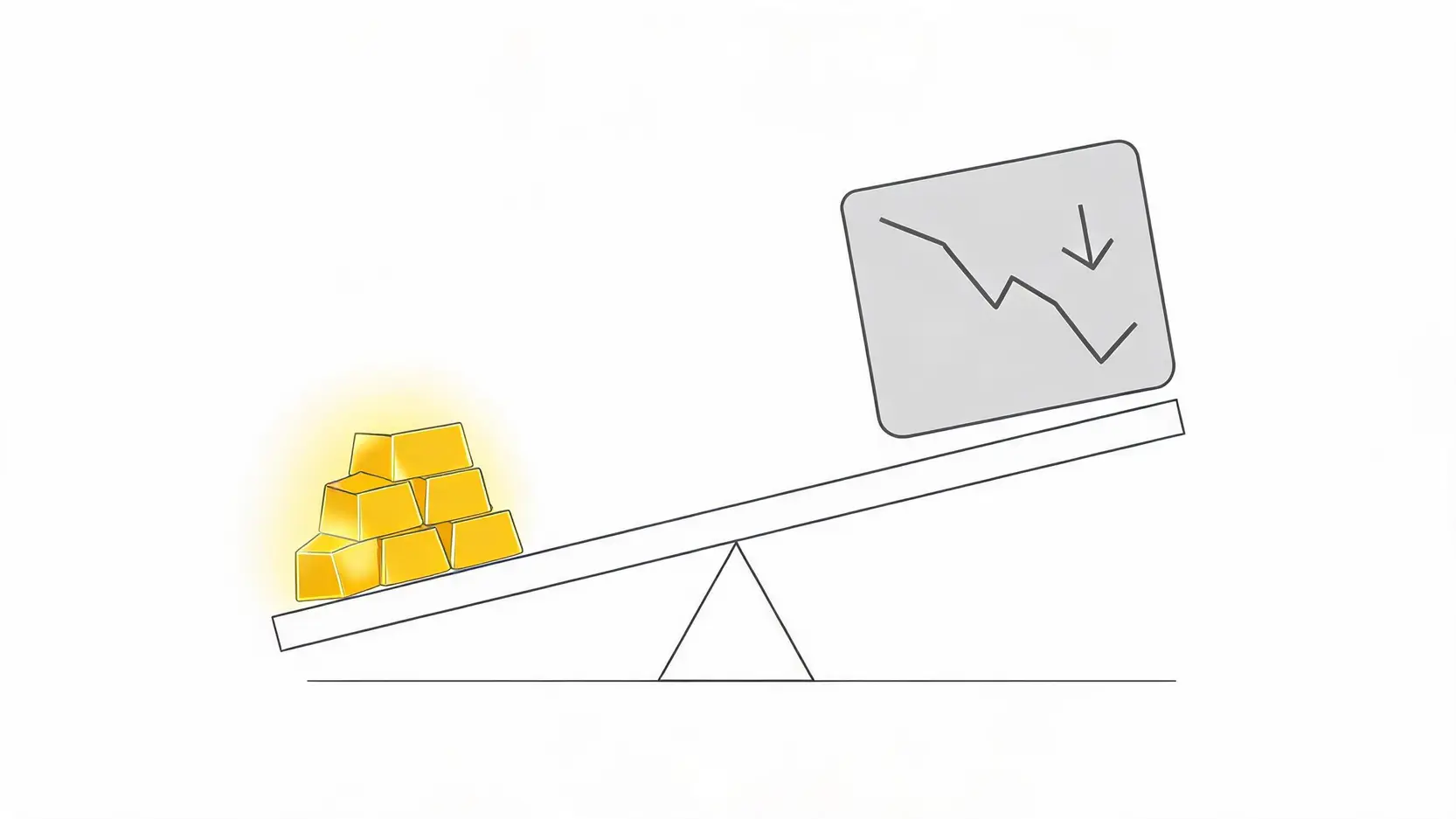 一张跷跷板图,一端是向下跌的股市走势图,另一端是向上升的金条,象征黄金在股市下跌时的避险功能。