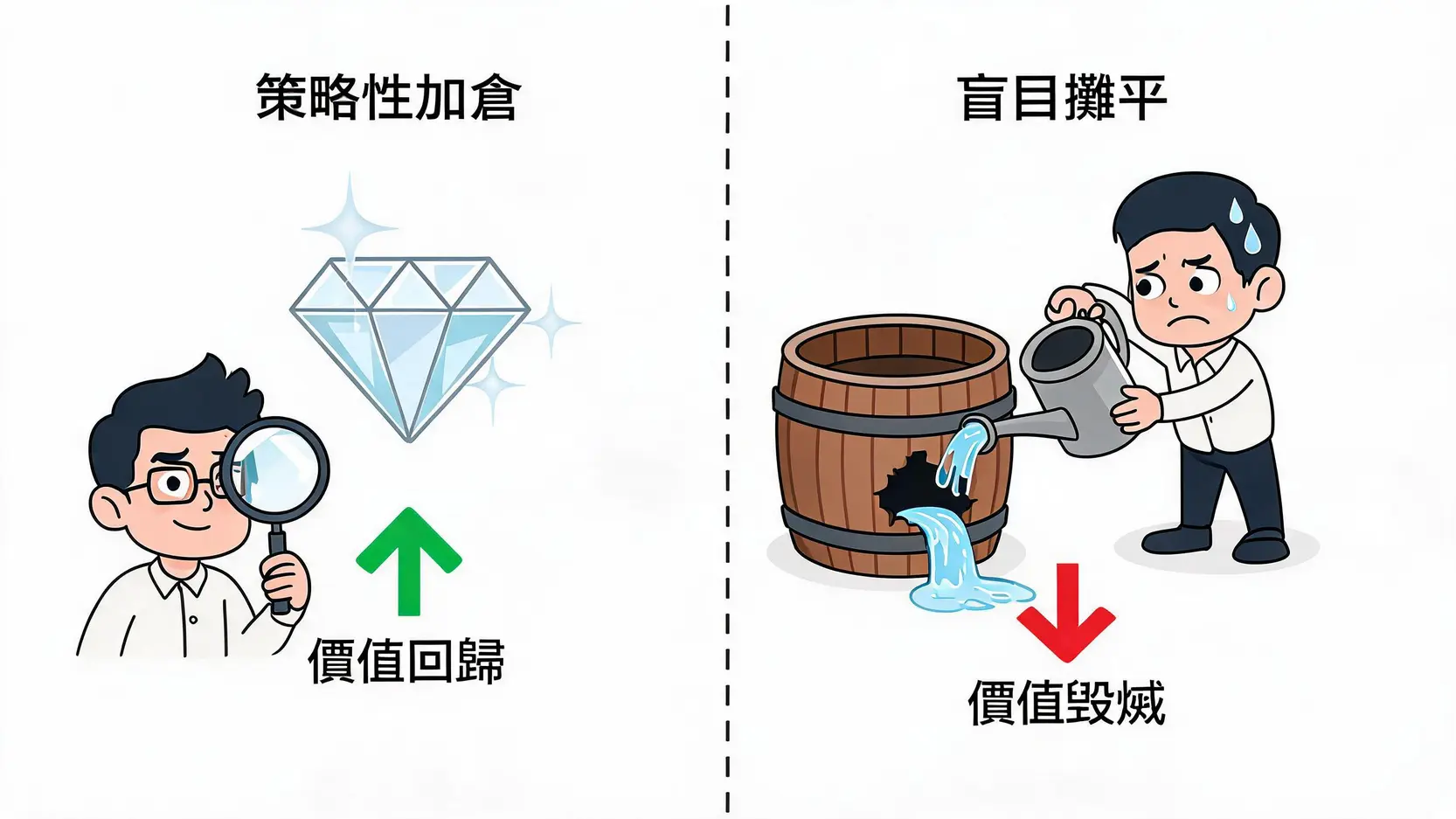 策略性加倉與盲目攤平的區別示意圖,左邊是投資者發現價值資產,右邊是投資者為虧損資產不斷投入。