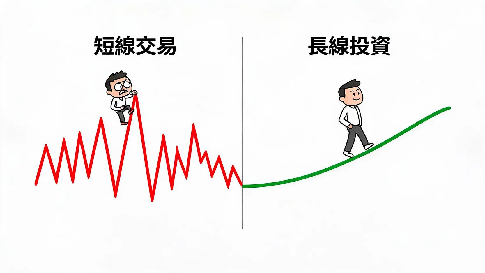 短線投資與長線投資路徑對比圖,左邊是劇烈波動的紅色線條代表短線,右邊是平穩向上的綠色線條代表長線。