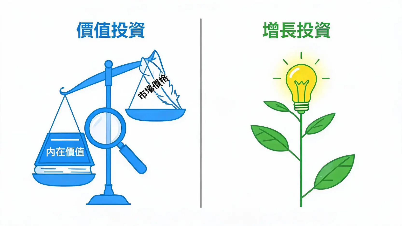 價值投資與增長投資策略對比圖,左邊用天平表示尋找低於內在價值的公司,右邊用生長的植物表示尋找未來高增長潛力的公司。
