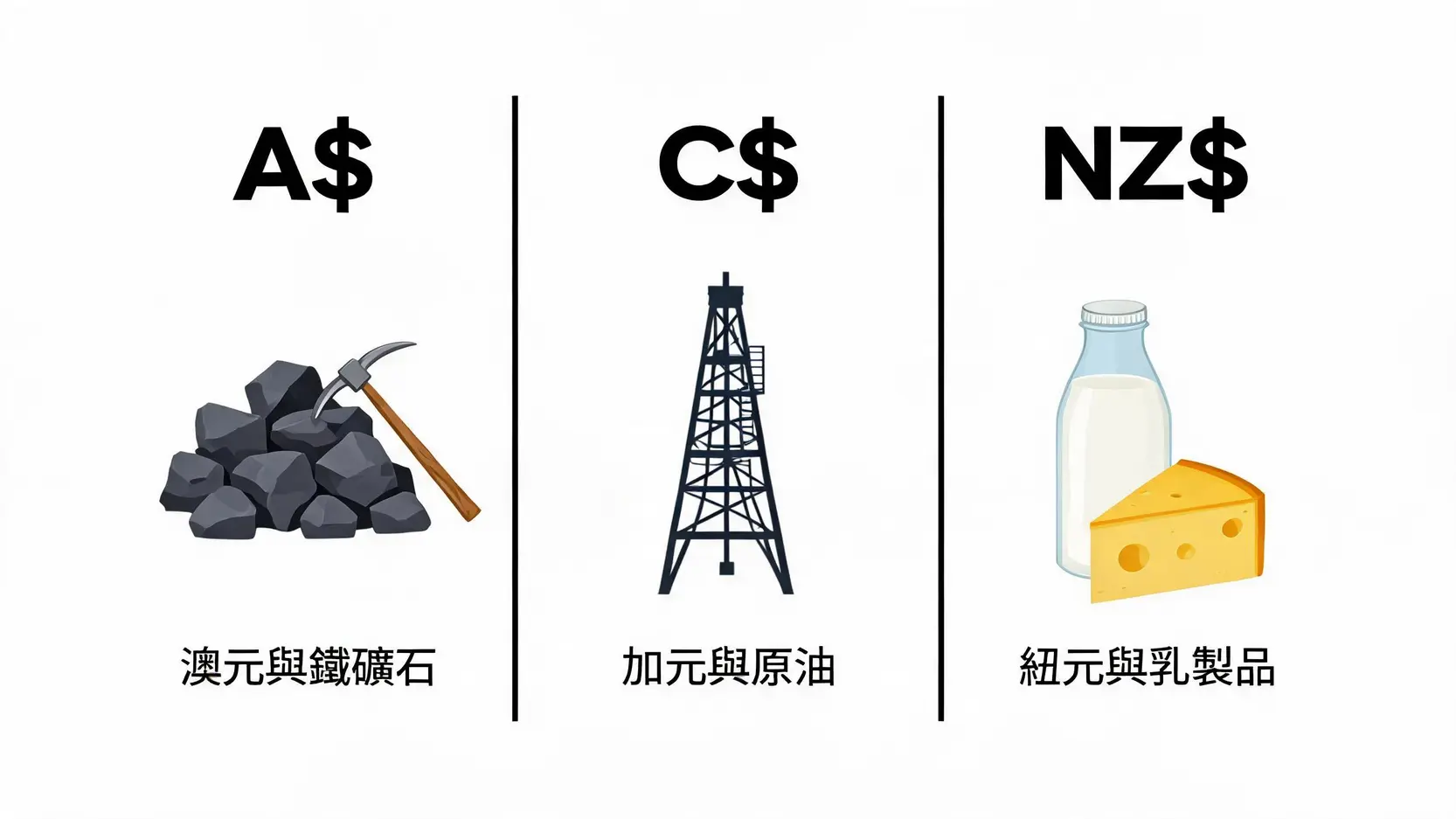 澳元、加元、紐元三大商品貨幣與其對應的鐵礦石、原油、乳製品的關係圖。