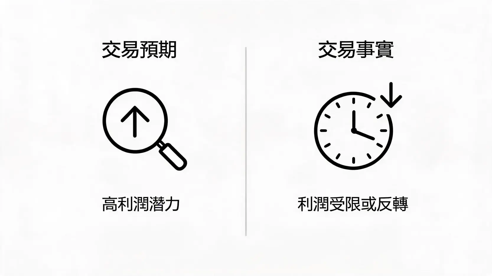 交易預期與交易事實的對比圖，顯示提前佈局和消息公布後行動的差異。