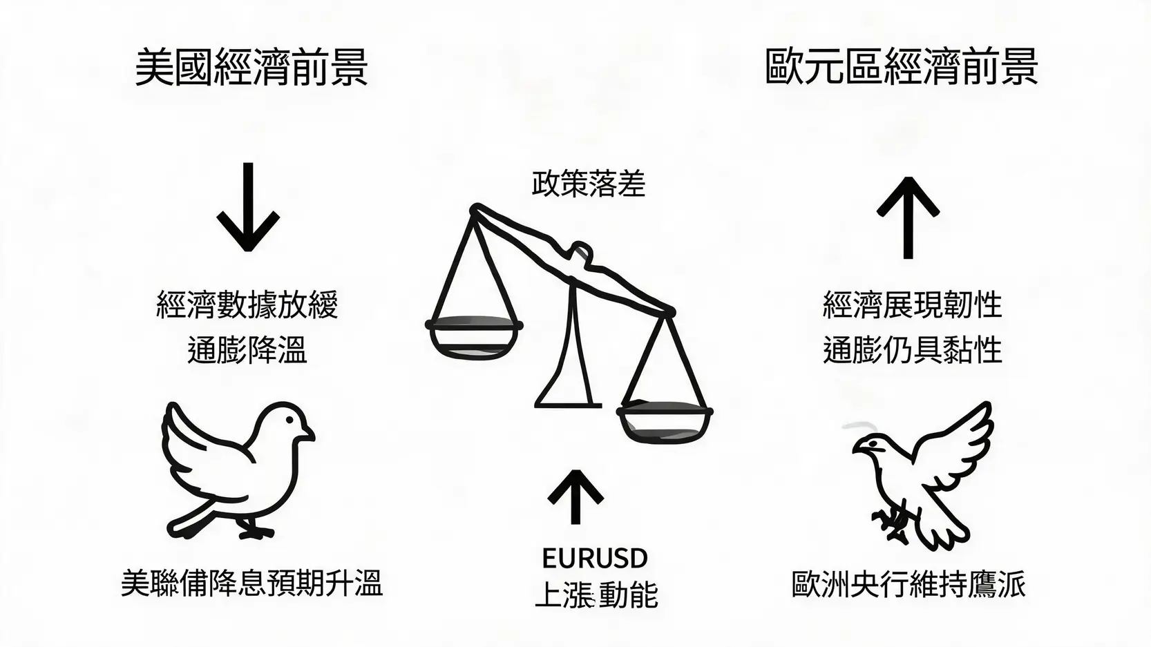 一张对比图，展示美国经济放缓、美联储偏鸽派与欧元区经济坚韧、欧洲央行偏鹰派的政策落差，导致欧元兑美元走强。