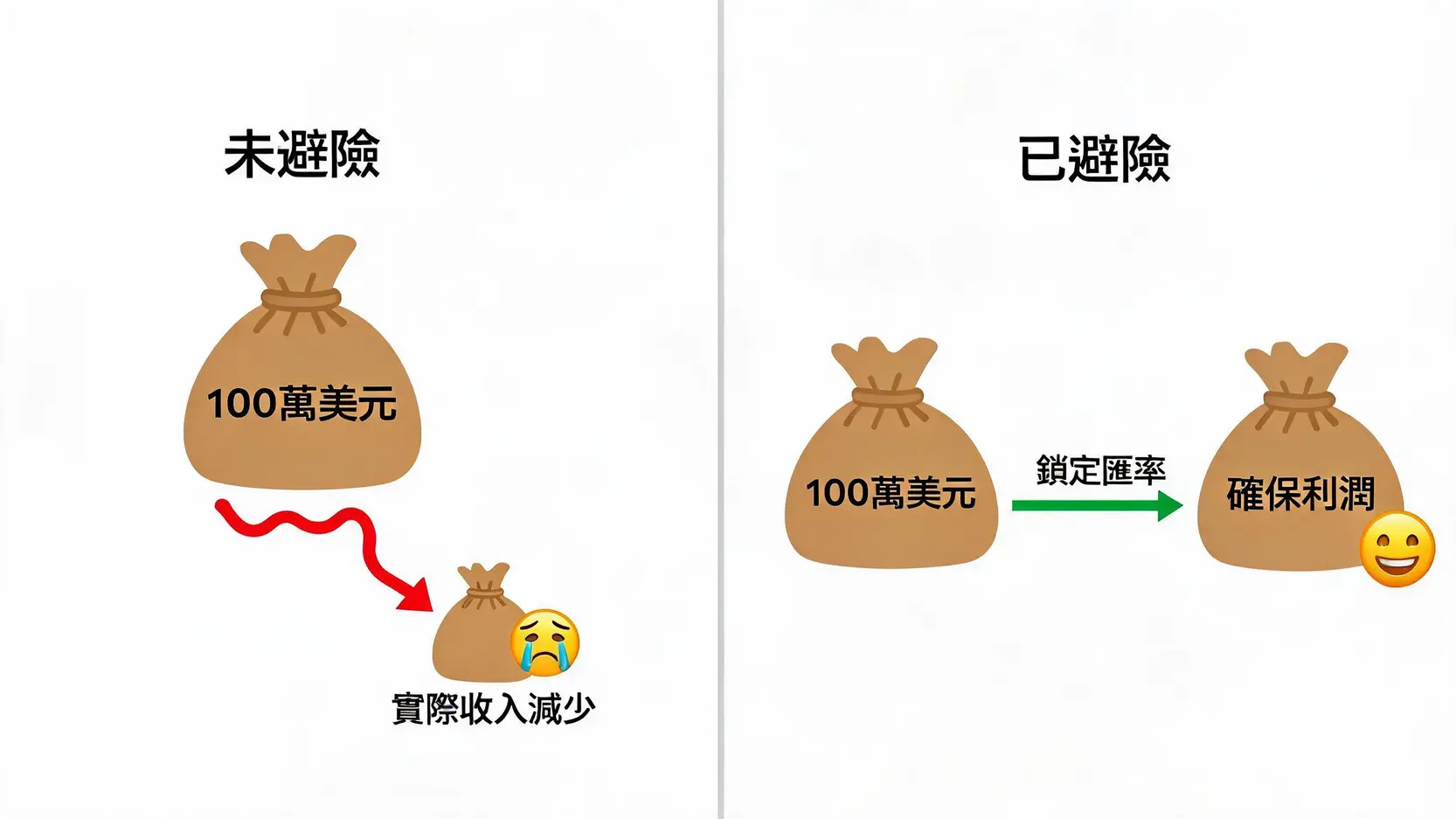 一张对比图,显示出口商在进行外汇避险和未进行避险两种情况下,收入结果的显著差异。