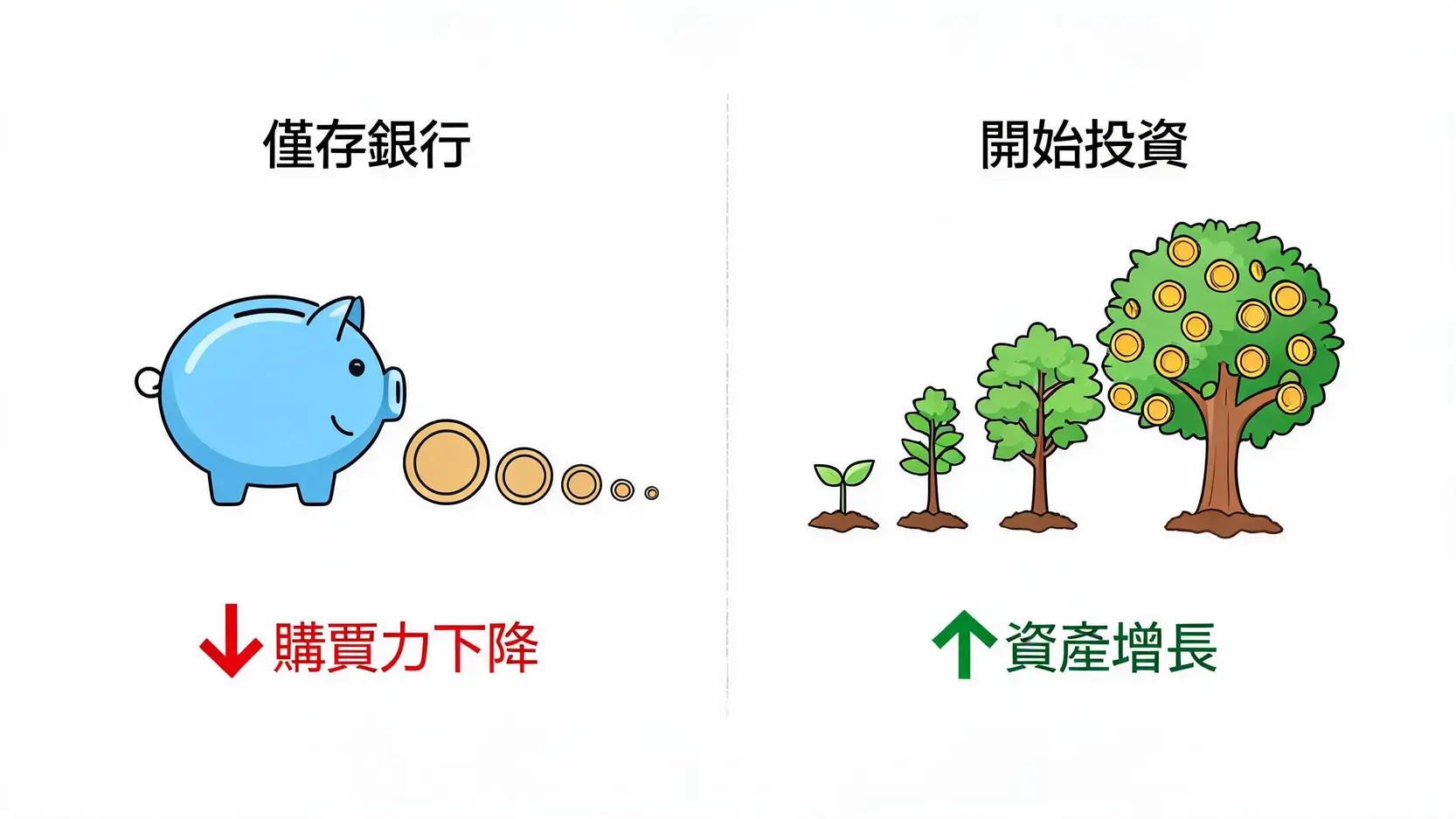 一张对比图,显示了银行存款因通胀导致购买力下降,而长期投资则能透过复利实现资产增长。