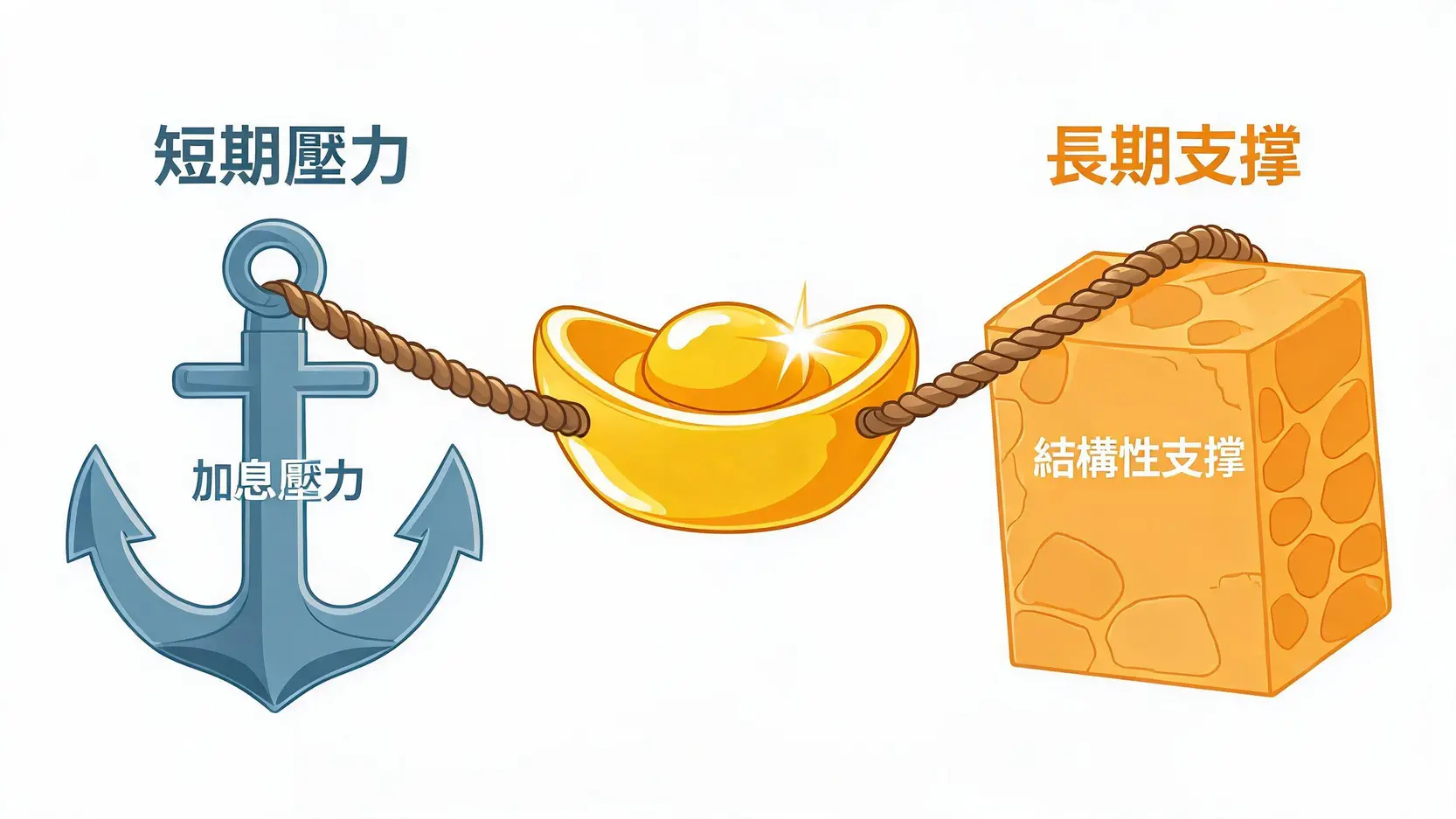 黃金多空博弈示意圖,顯示短期加息壓力與長期結構性支撐對金價的拉鋸。