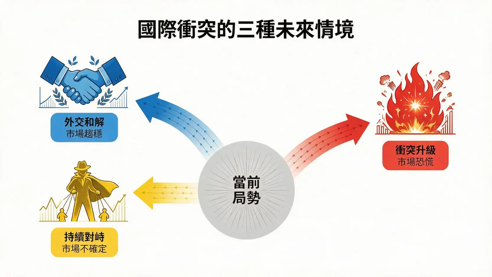 地緣政治衝突未來三種情境推演及其對黃金價格影響的示意圖。