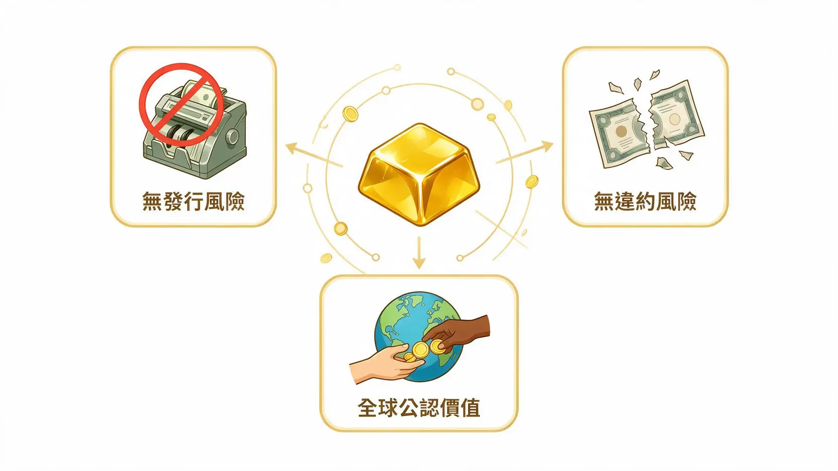 圖解黃金作為避險資產的三大核心屬性:無發行風險、無違約風險與全球公認價值。