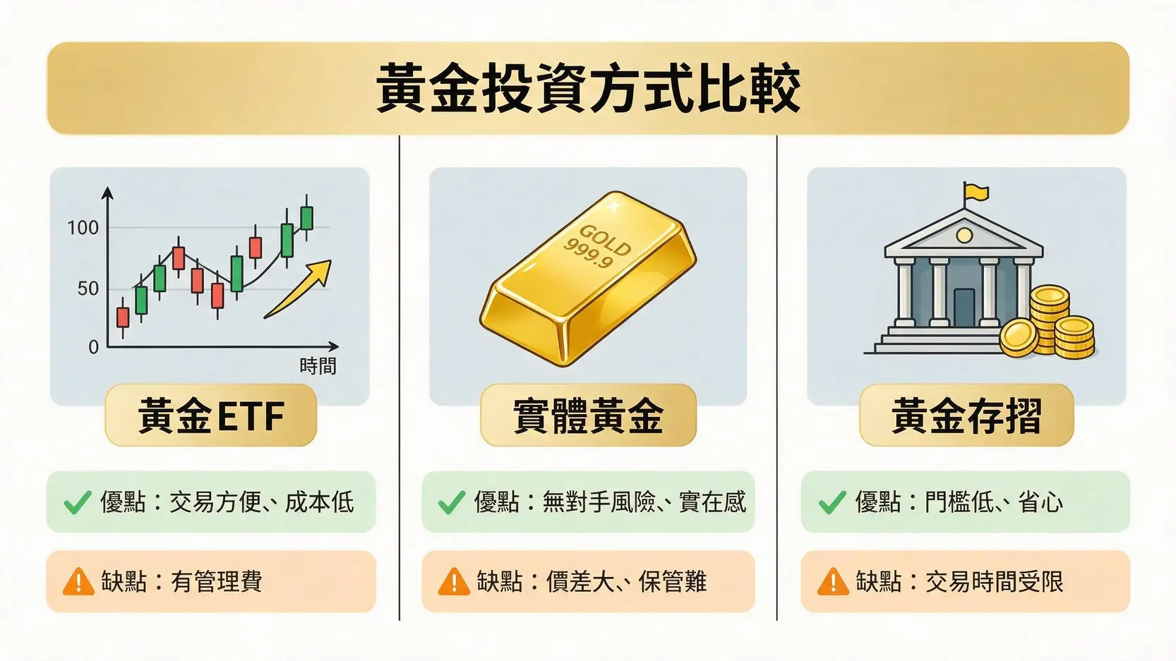 黃金ETF、實體黃金與黃金存摺三種投資管道的優缺點比較圖。