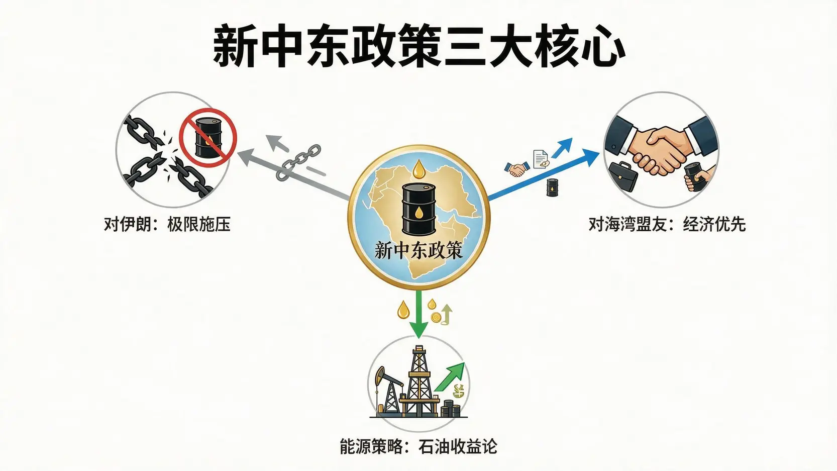 特朗普新中東政策三大核心示意圖，分別是對伊朗的極限施壓、對海灣盟友的經濟優先政策，以及國內的石油收益論能源策略。