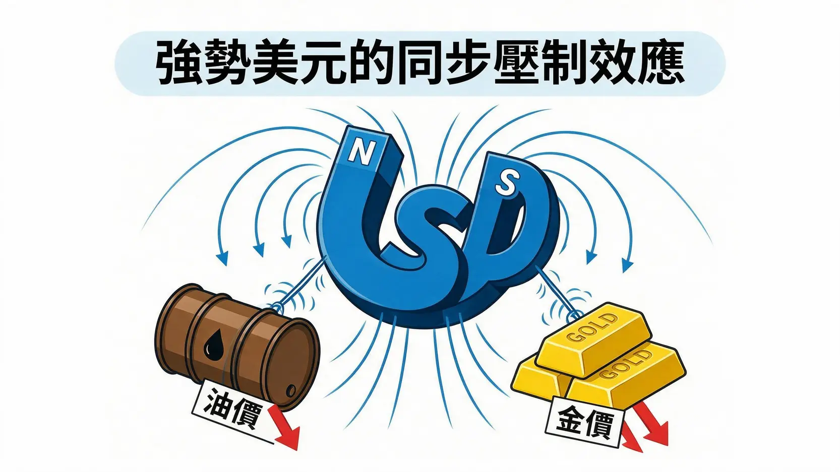 強勢美元對油價和金價的同步壓制效應示意圖，一個巨大的美元符號像磁鐵一樣把石油和黃金往下拉。