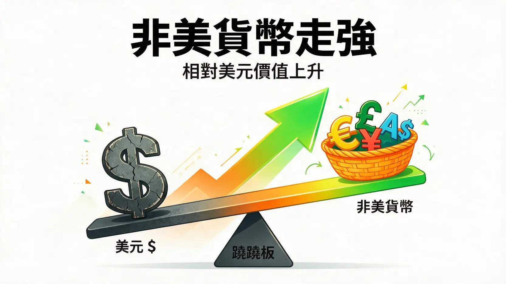 概念图展示非美反弹现象:一个跷跷板,美元符号在低处,而欧元、英镑、日圆等非美货币在高处。