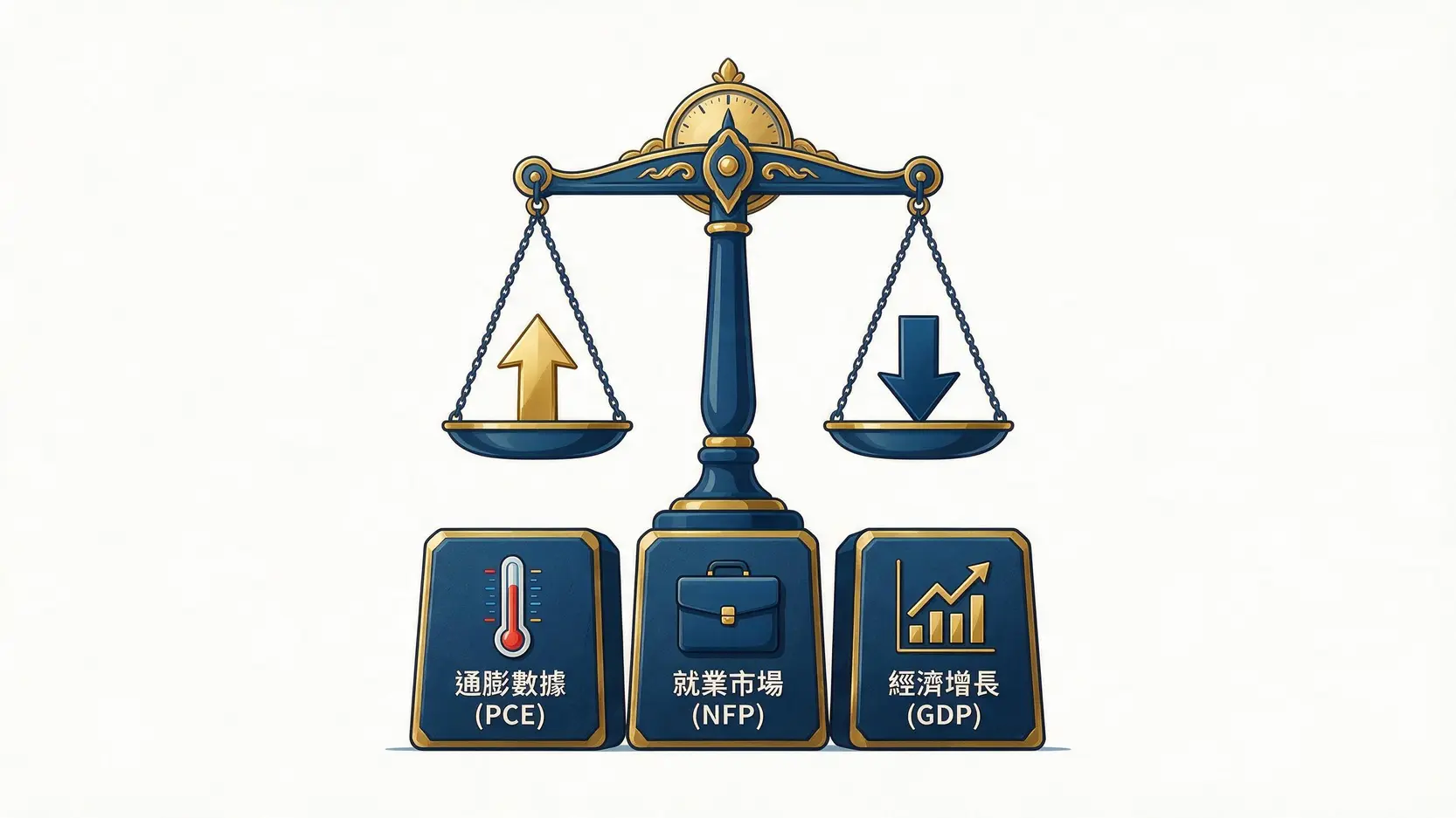 一张概念图,展示联储局的利率决策由三大经济数据支撑:通胀数据(PCE)、就业市场(NFP)和经济增长(GDP)。