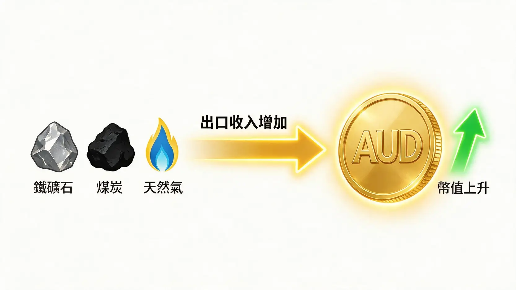 一張圖解說明澳洲作為商品貨幣的原理，展示了鐵礦石等商品出口如何推升澳幣價值的過程。