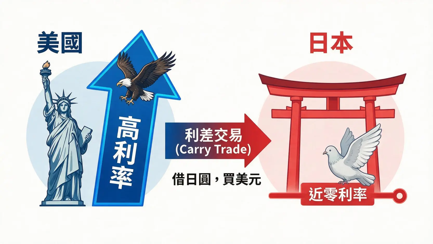 一張圖解,對比美國的高利率政策與日本的近零利率政策,以及由此產生的利差交易,導致資金從日圓流向美元。