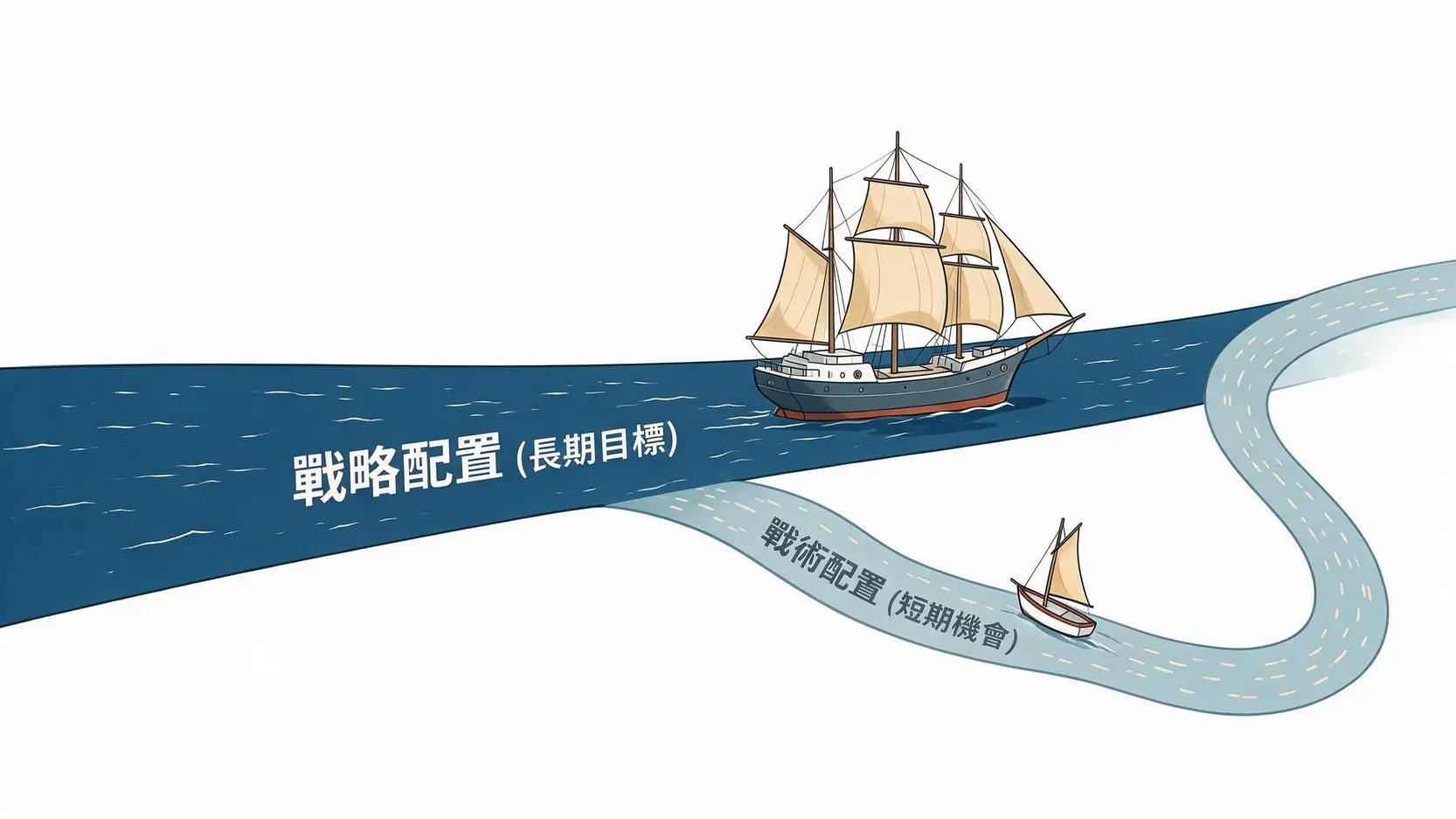 战略配置与战术配置的区别示意图,用一条笔直的主航道比喻长期战略,用一条弯曲的岔路比喻短期战术调整。