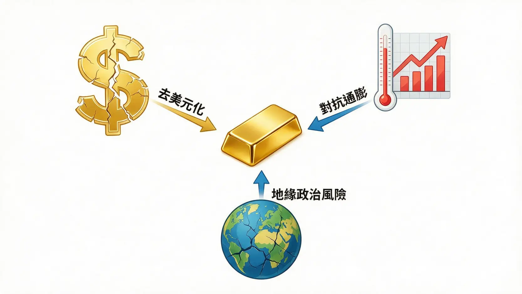 一张概念图，展示全球央行购买黄金的三大动机：去美元化、对抗通胀和地缘政治风险。